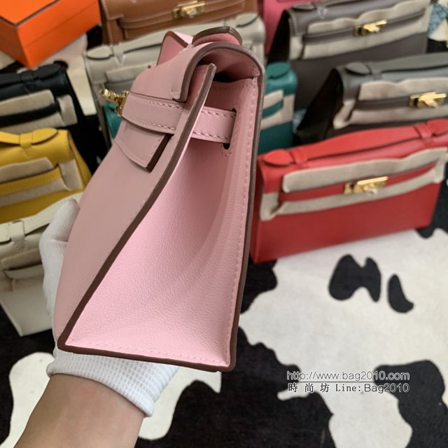 Hermes凱利女包 愛馬仕Minikelly pochette一代 原廠進口swift皮 半手工蠟線 3Q粉 金銀扣  tdh2262